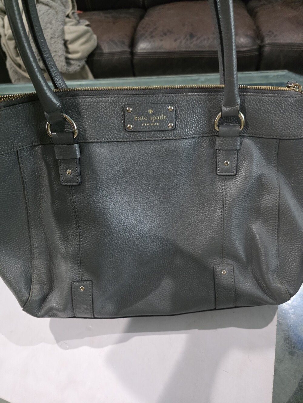kate spade Gray Pebbled Leather Tote with Gold Accents